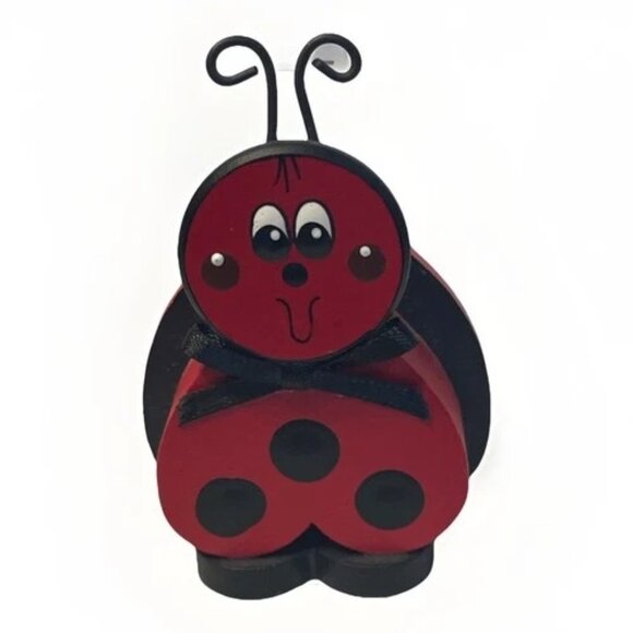 Wooden Ladybug Figure by Sue Kahr 2.75" Red Black White Insect Shelf Decor - Picture 1 of 9